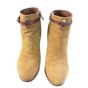 Tory Burch Tan Suede Ankle Booties Size 7M Buckle Strap Heeled Boots‎